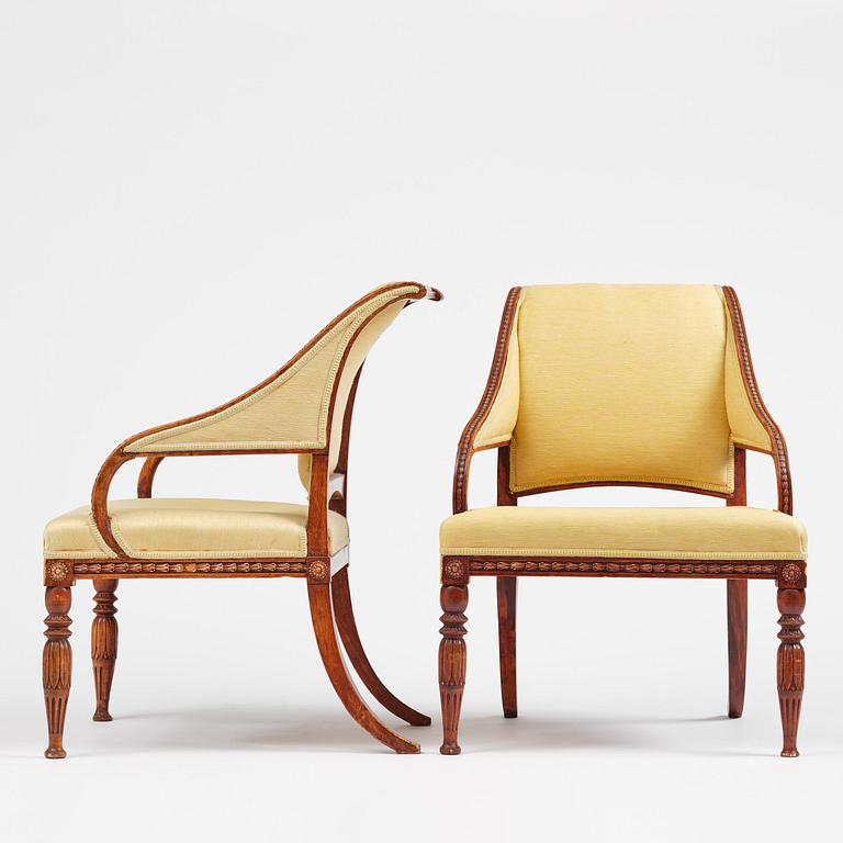 A pair of late gustavian armchairs in the manner of Ephraim Ståhl, Stockholm, circa 1800.