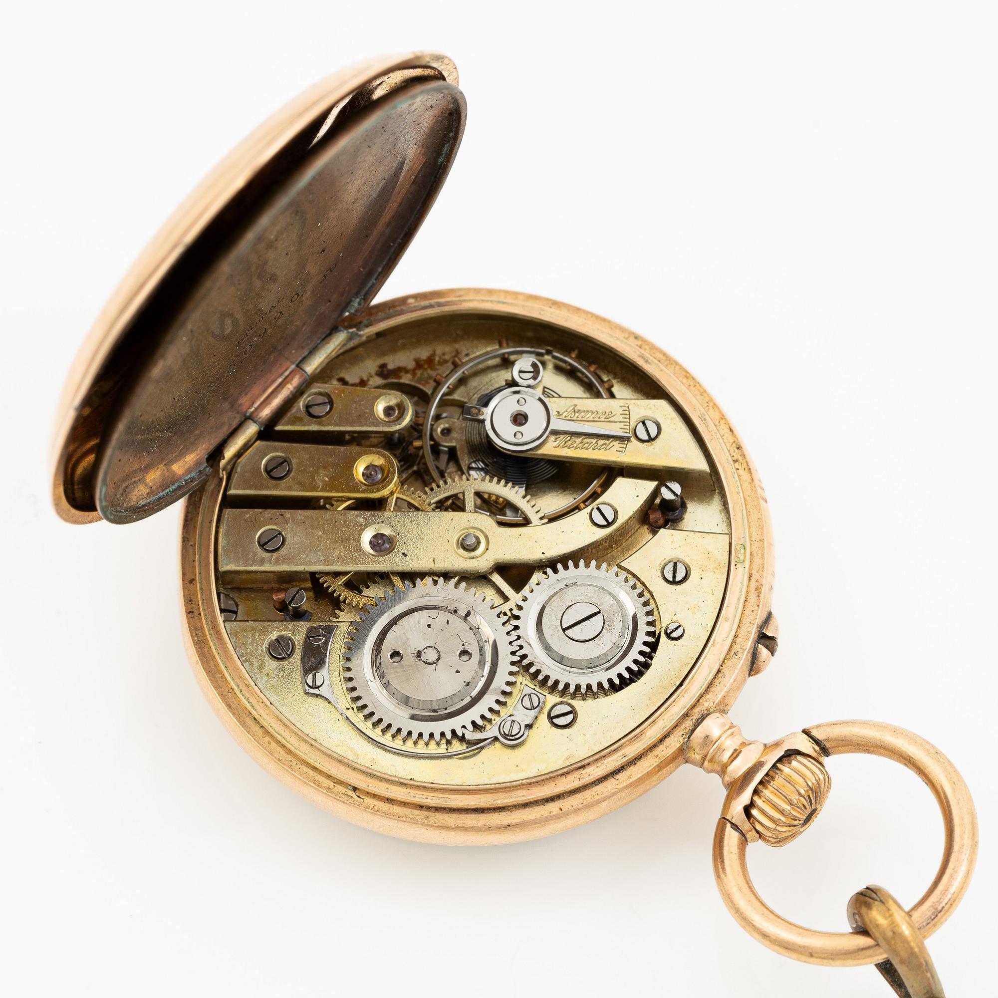 Pocket watch, 37 mm, 14K gold, Chain in 18K gold.
