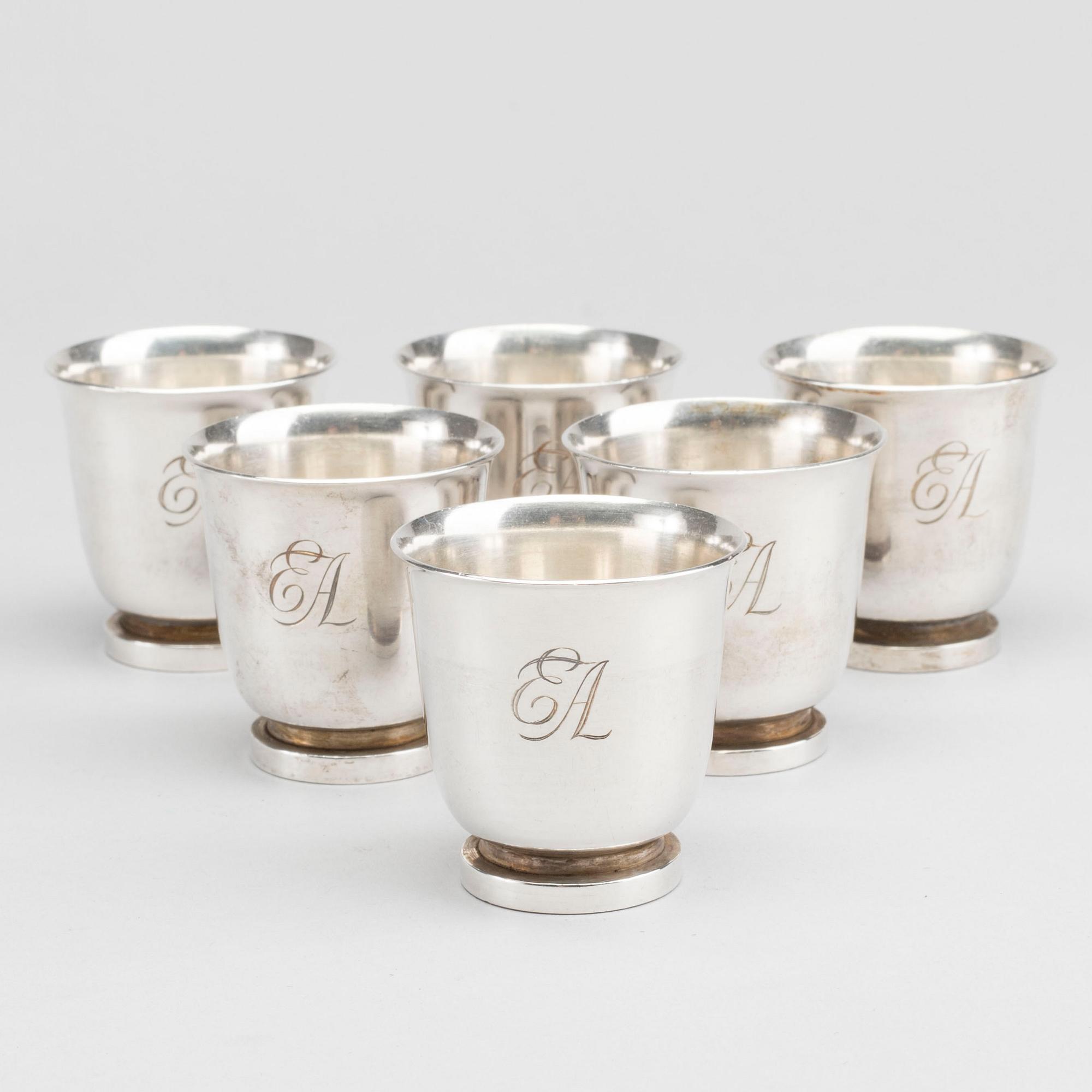 SUPKOPPAR / BÄGARE, 6 st, silver, Carl Fredrik Carlman, 1949.