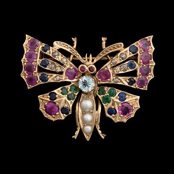 A BROOCH, 14K gold, cultured pearls, sapphires, rubies, aquamarine, rose cut diamonds.