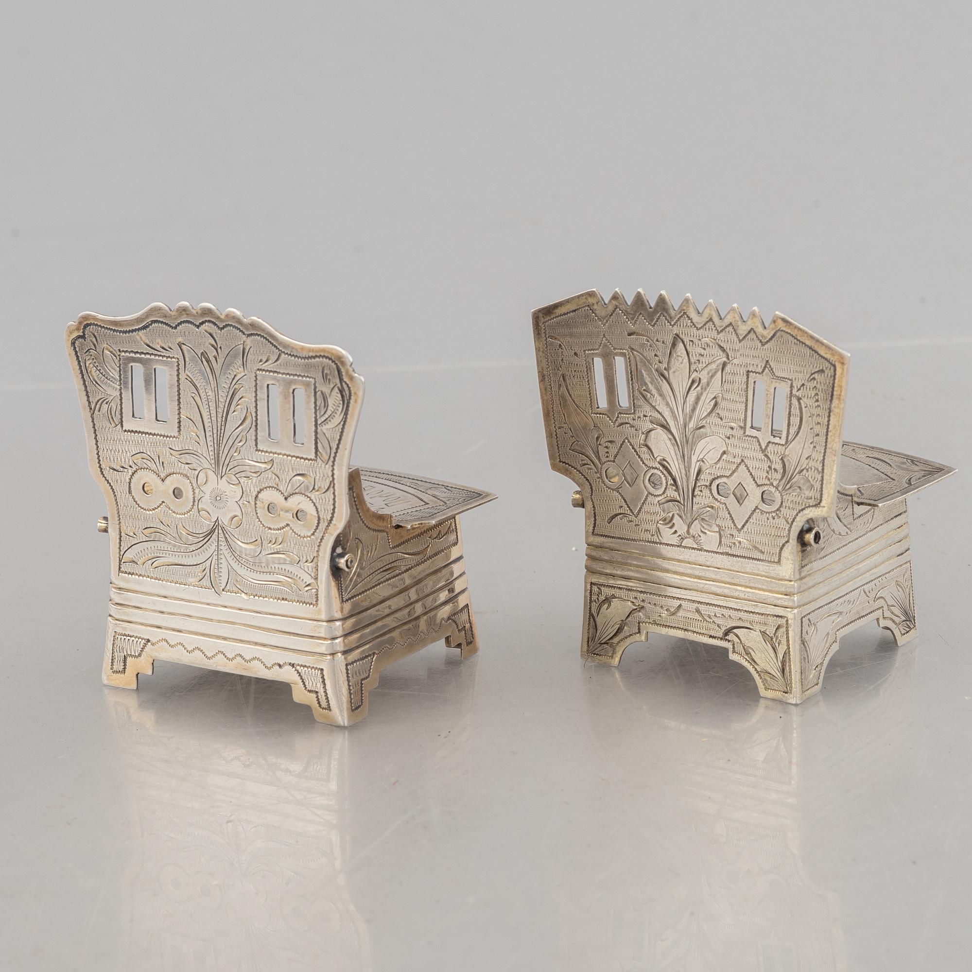 Two Russian silver salt-chairs, Moscow 1880-1885.
