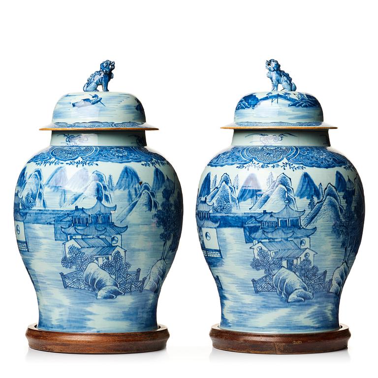 A pair of large blue and white jars with covers, Qing dynasty, Qianlong (1736-95).