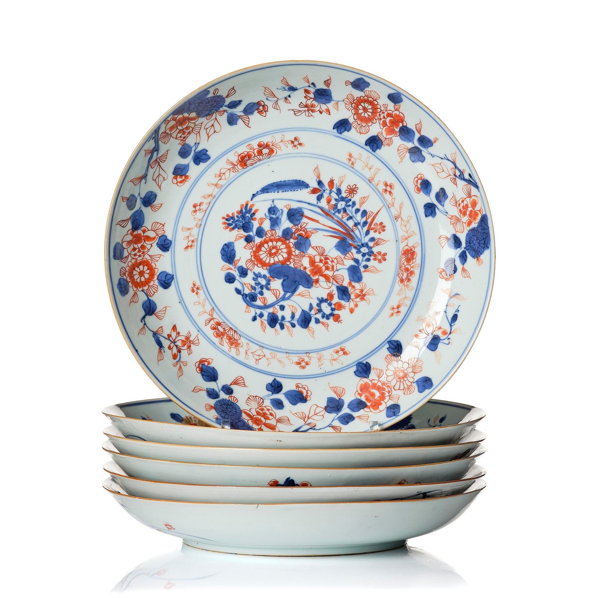 Fat, sex stycken, porslin. Qingdynastin, Kangxi (1662-1722).