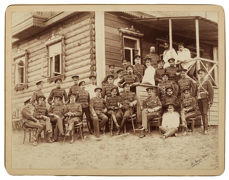 Photo of Russian officers at Krasnoe Selo with Tsarevitch Nikolai (II).