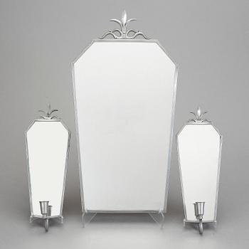 SPEGEL samt SPEGELLAMPETTER, 3 delar, tenn, 1920-30-tal.