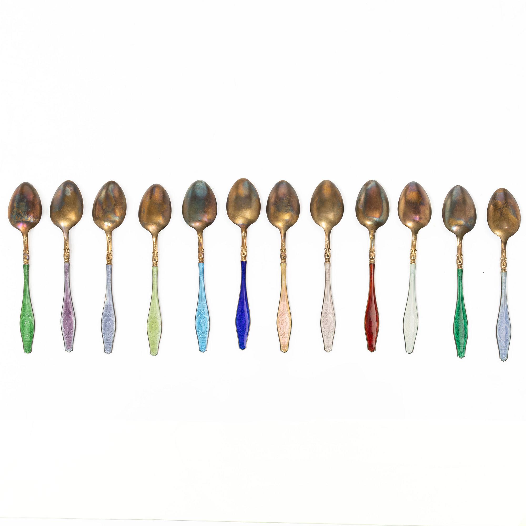 David Andersen, moccaskedar, 12 st, i etui, sterlingsilver och emalj, Norge, 1900-talets början.