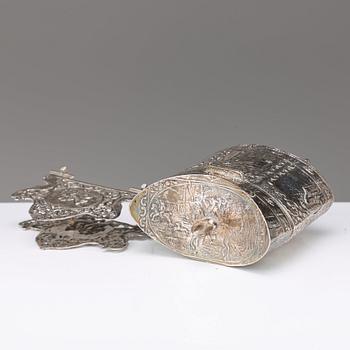 A Dutch late 19th century silver jar and napkin-holder. An ash-tray, Birmingham 1902.