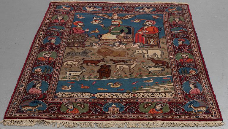 A rug, semi-antique Kashan, figural, ca 208 x 133 cm.