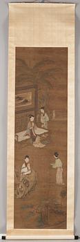 A hanging scroll of a garden scenery with ladys and maids, in the style of Qiu Ying, Qing dynasty, 19th century.