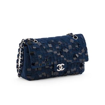 CHANEL, a quilted blue silk "Double Flap" shoulder bag with sequin embellishment.