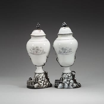 A pair of Swedish faience vases with covers, Marieberg, 18th Century.