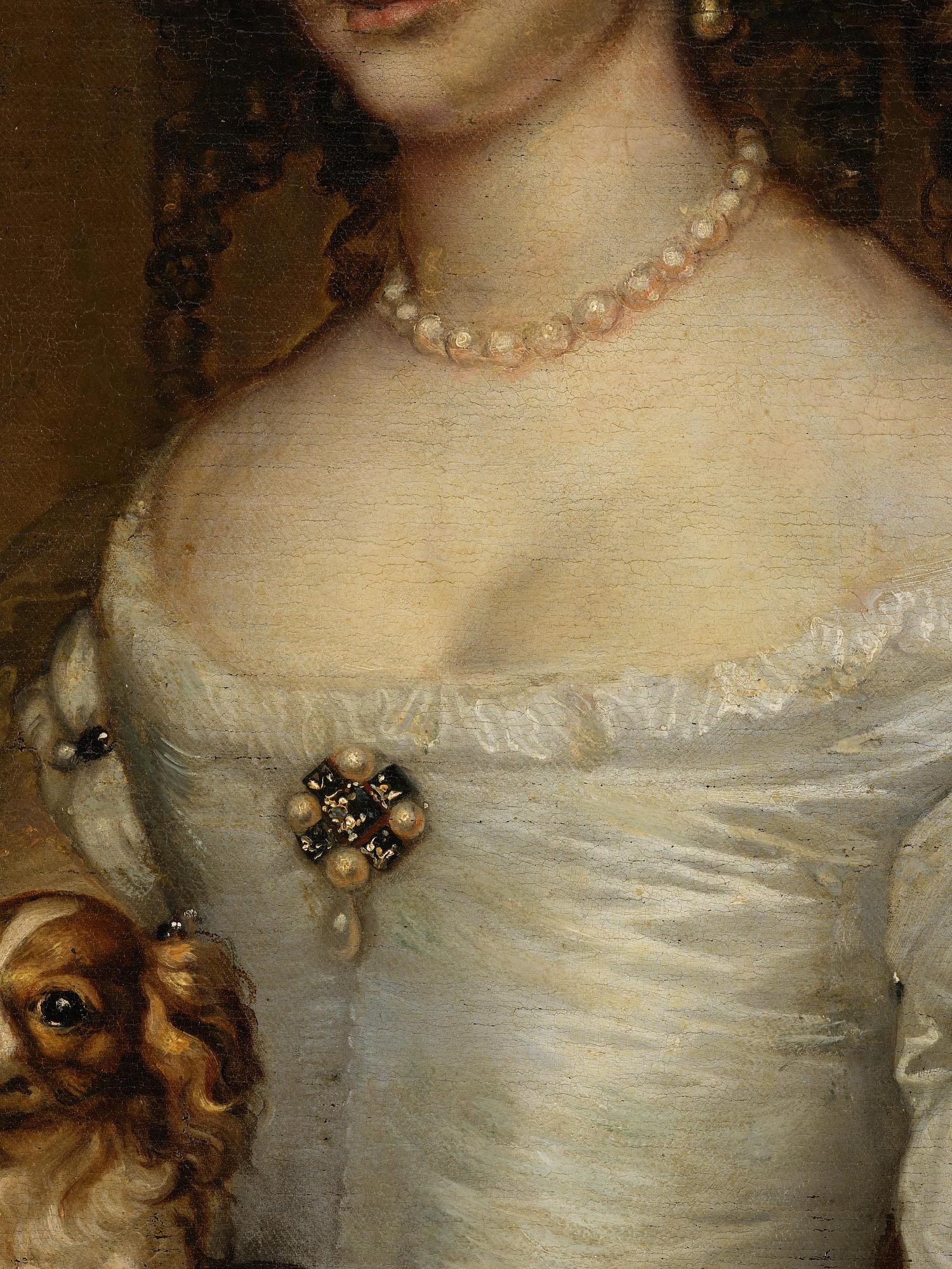 Adriaen Hanneman, Half-length portrait of a woman with a dog (Portret van een dame).