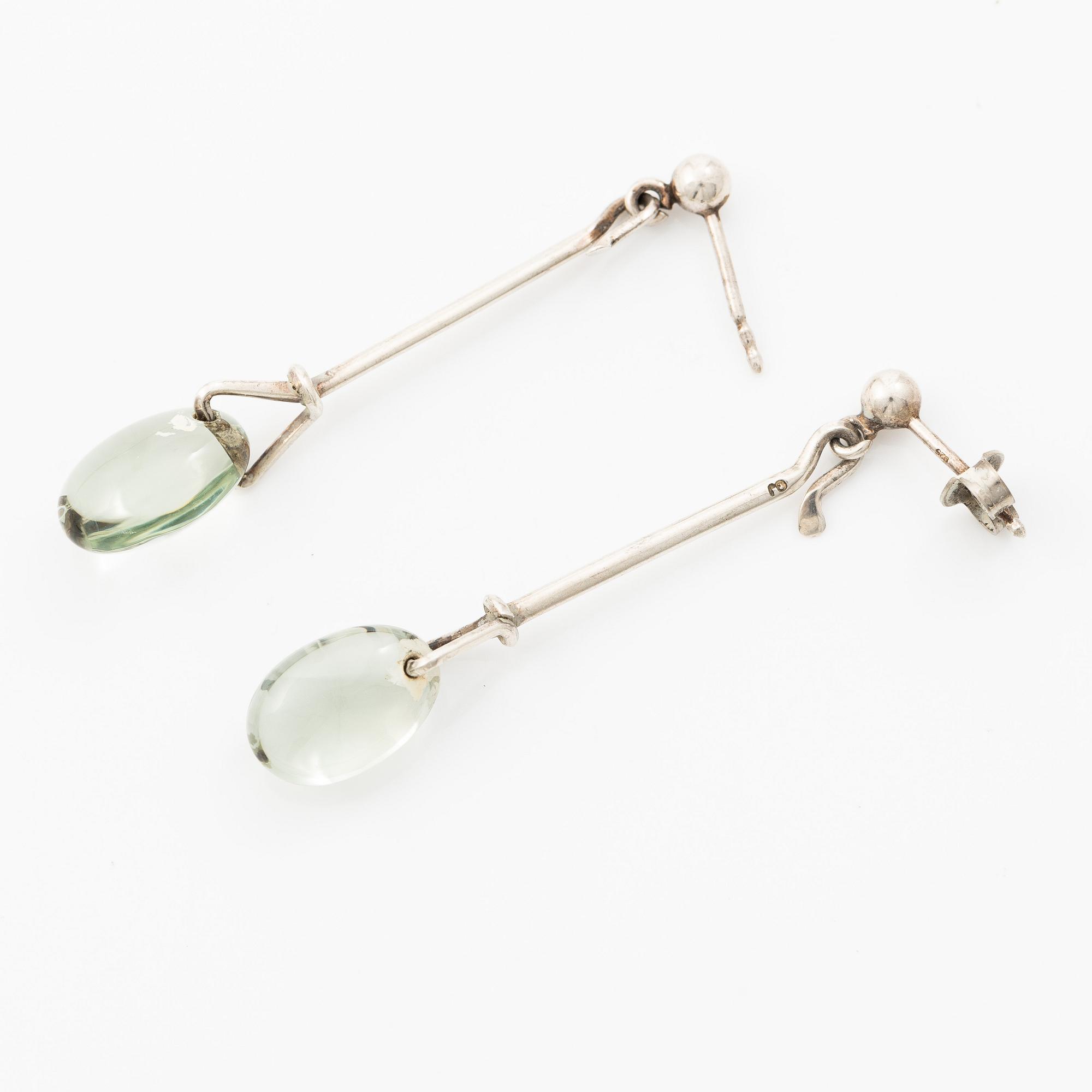 Vivianna Torun Bülow-Hübe, a pair of earrings, silver with green quartz, by Georg Jensen, Denmark.