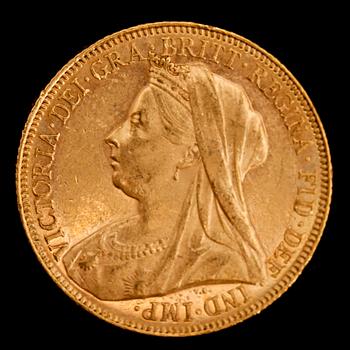 GULDMYNT, sovereign, Victoria, 1901. Vikt ca 8 g.