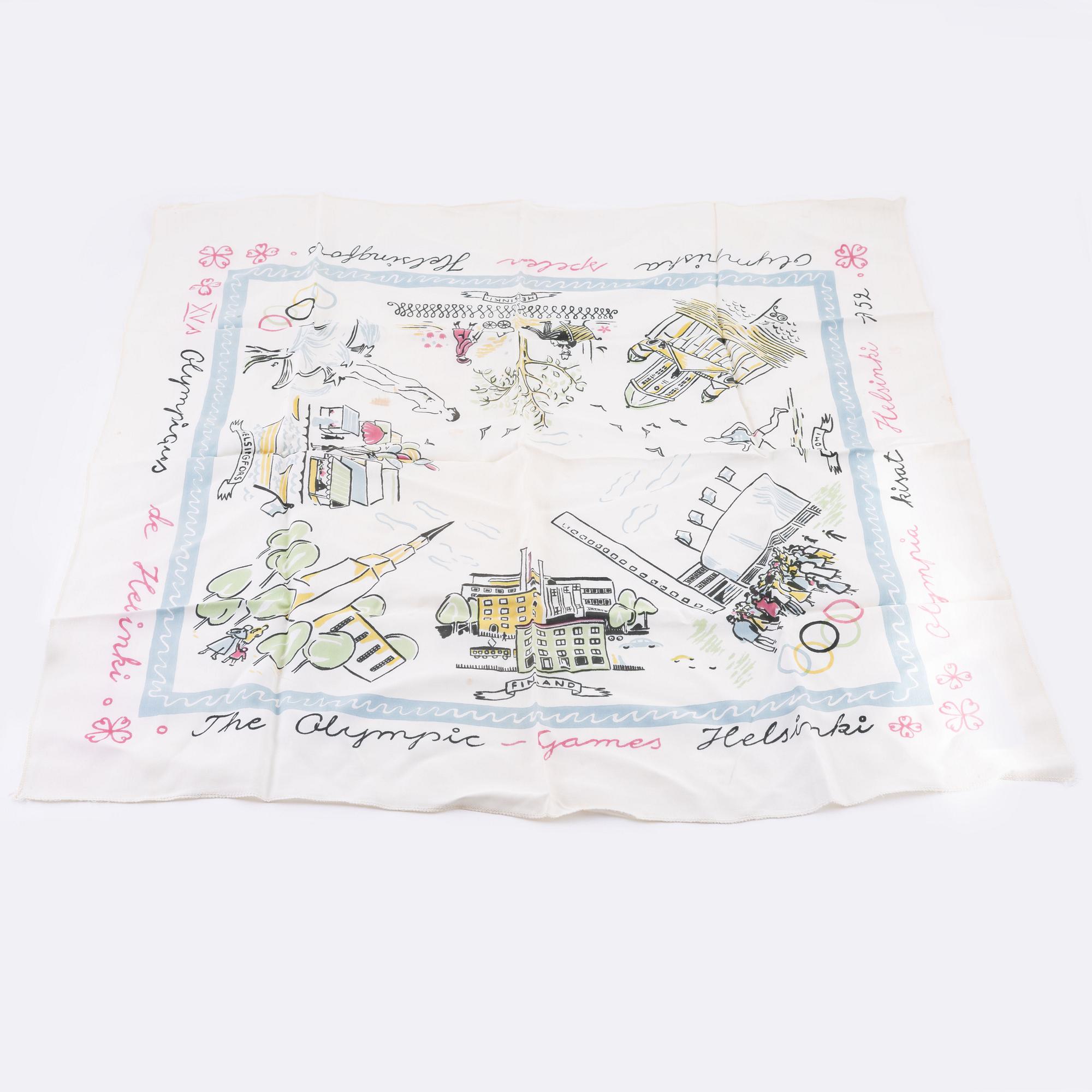 Olympic memorabilia from the summergames of Helsinki 1952: Four Scarves and five handkerchiefs.