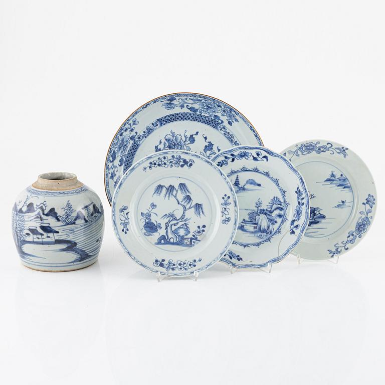 Bowl, jar, and three plates, porcelain, China, 18th-19th Century.