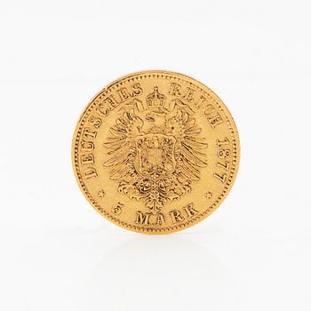 Gold coin 5 marks 1877 German Empire (Hamburg).