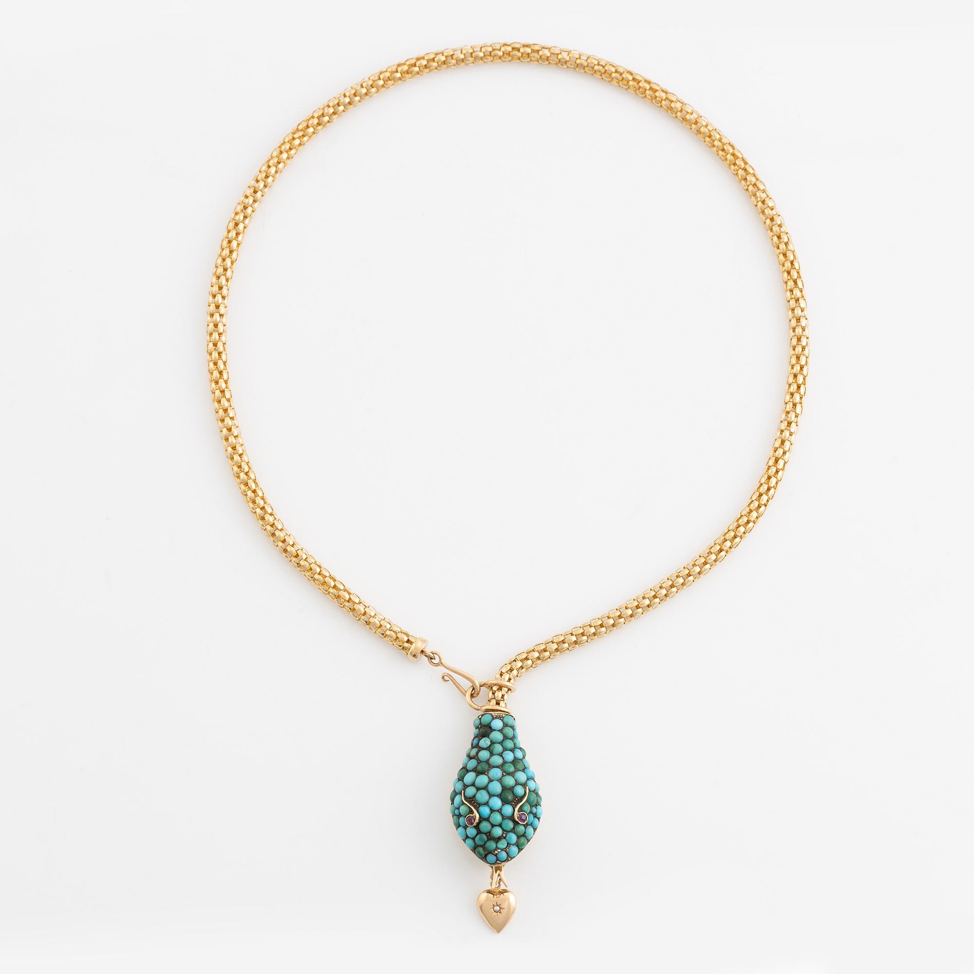 Collier guld i form av orm med turkoser och rubiner.