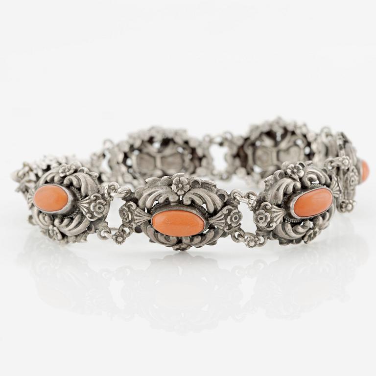 Silver bracelet with coral, Hungary.