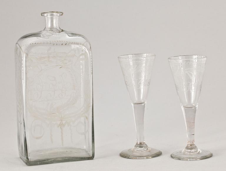 SPETSGLAS 2 st och FLASKA, glas, Sverige, dat 1848.