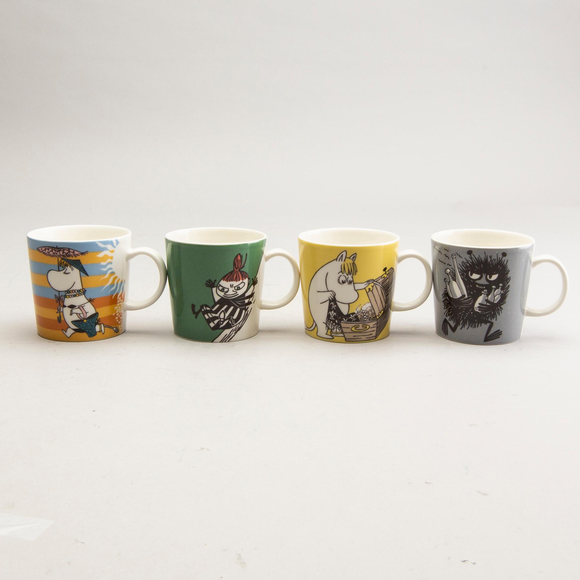 Moomin mugs, four pcs, porcelain, Arabia, Finland, 1990-2001.
