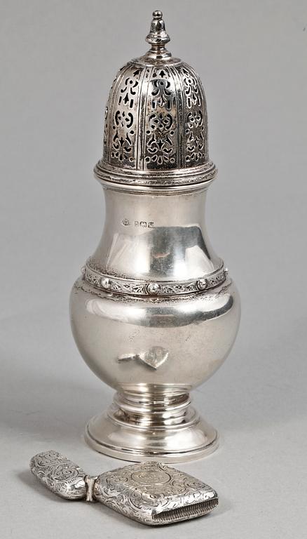 SOCKERRUSKA samt DOSA, Sterling silver, Birmingham, England, bla 1892. Vikt tot 178g.