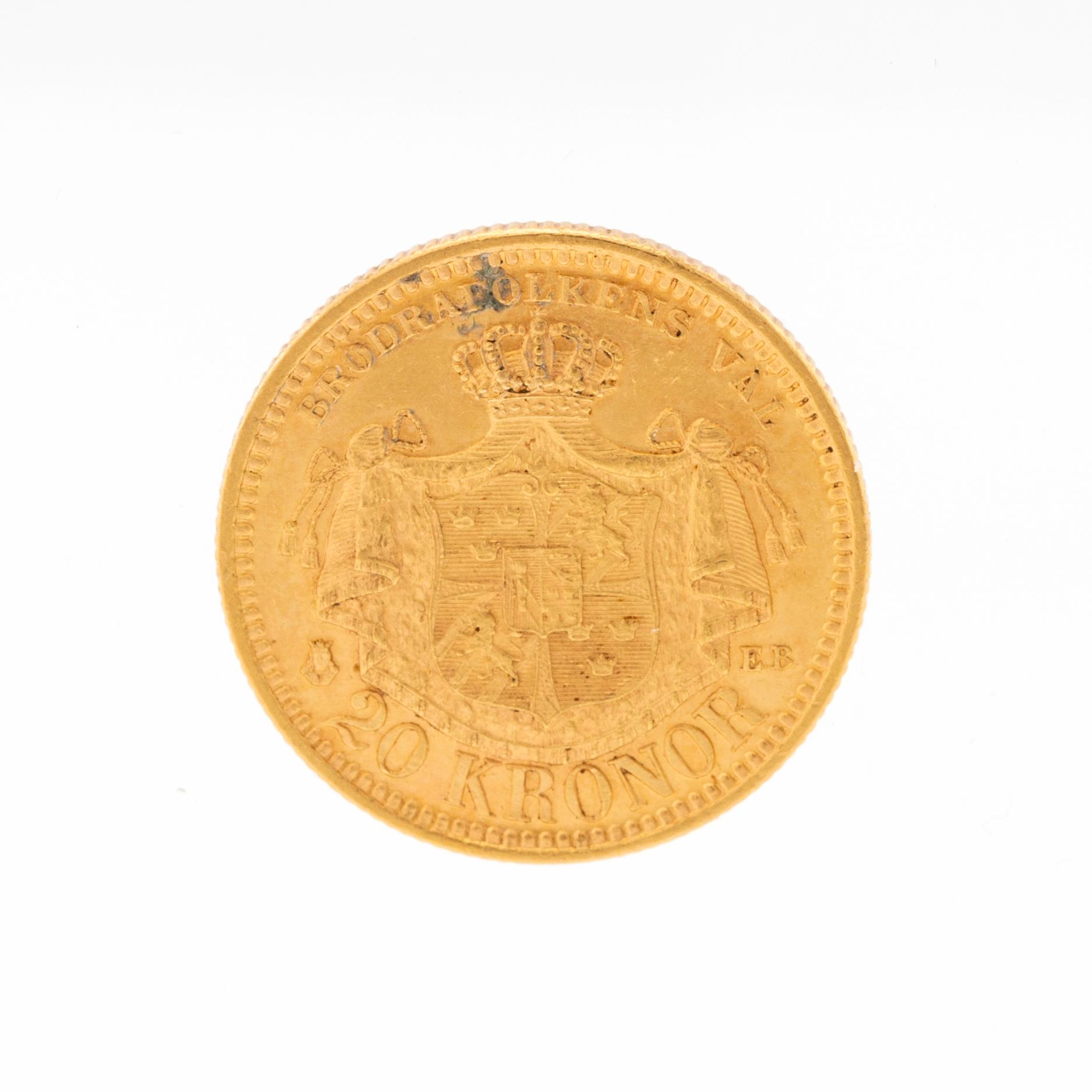Gold coin 20kr Oscar II, Sweden and Norway 1895.