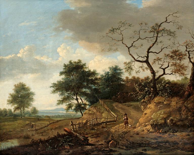Jan Wynants (Wijnants) Hans efterföljd, Vidsträckt landskap med vandrande figur med hund.