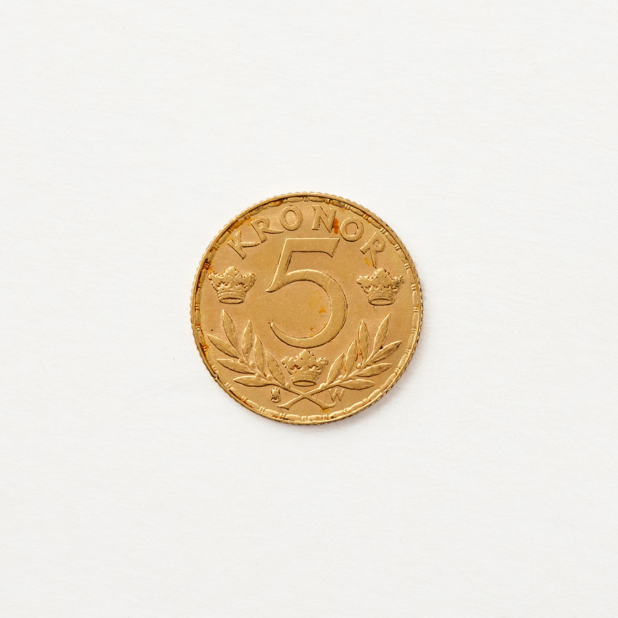 Gold  coin, Gustav V, Sweden, 5 kronor, 1920.