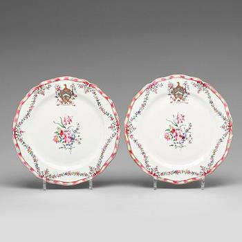 738. A pair of armorial famille rose plates, Qing dynasty, Qianlong (1736-95).