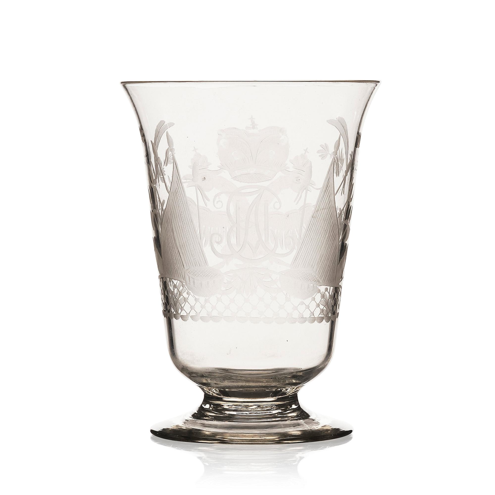 A Russian commemorative glass Goblet, engraved with Russian imperial crown and monogram, around 1900.