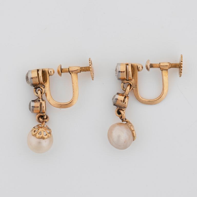 A pair of natural pearl and old-cut diamond earrings.