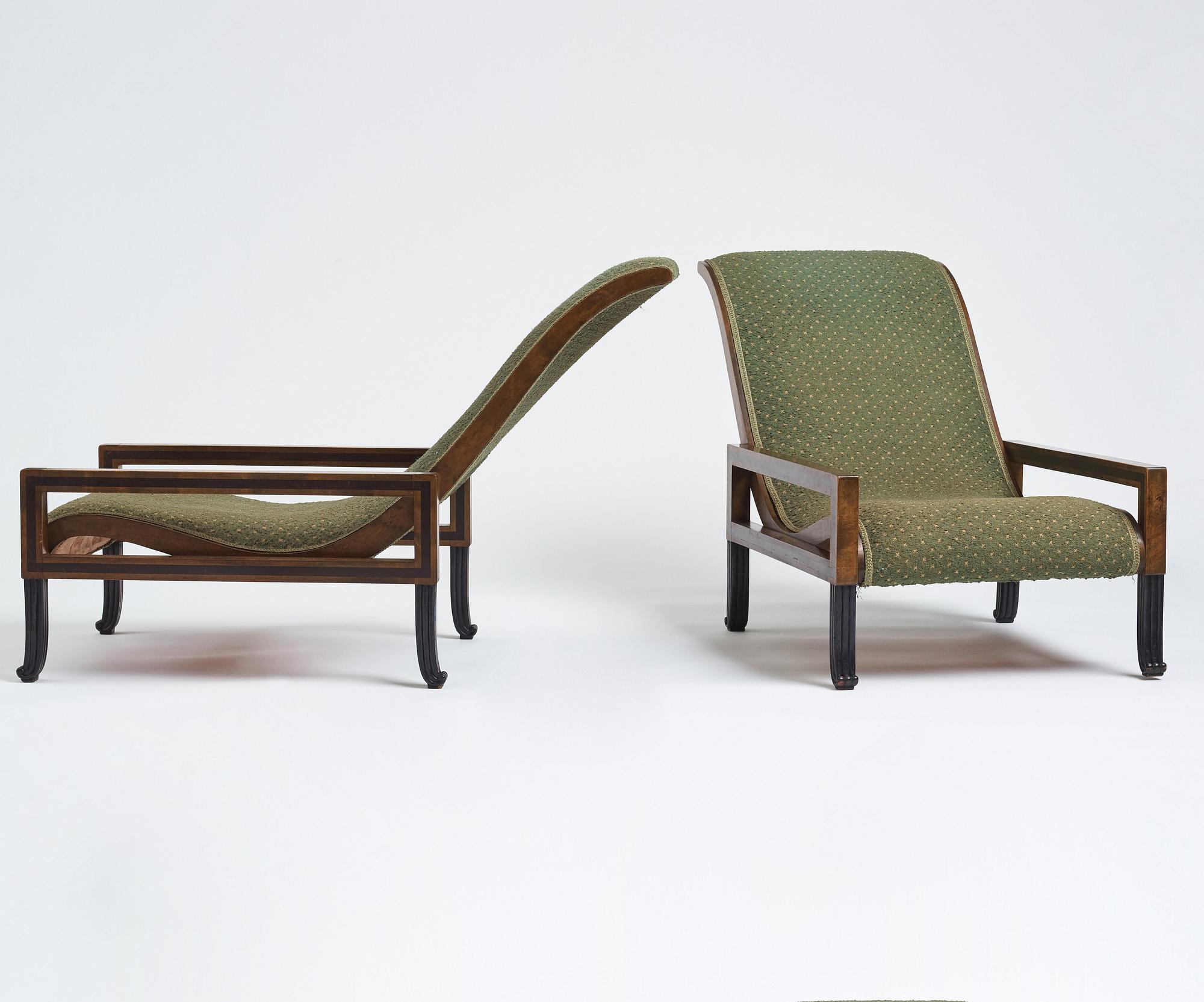 Carl Hörvik, a pair of mahogany-stained birch lounge chairs, Swedish Grace 1920s.