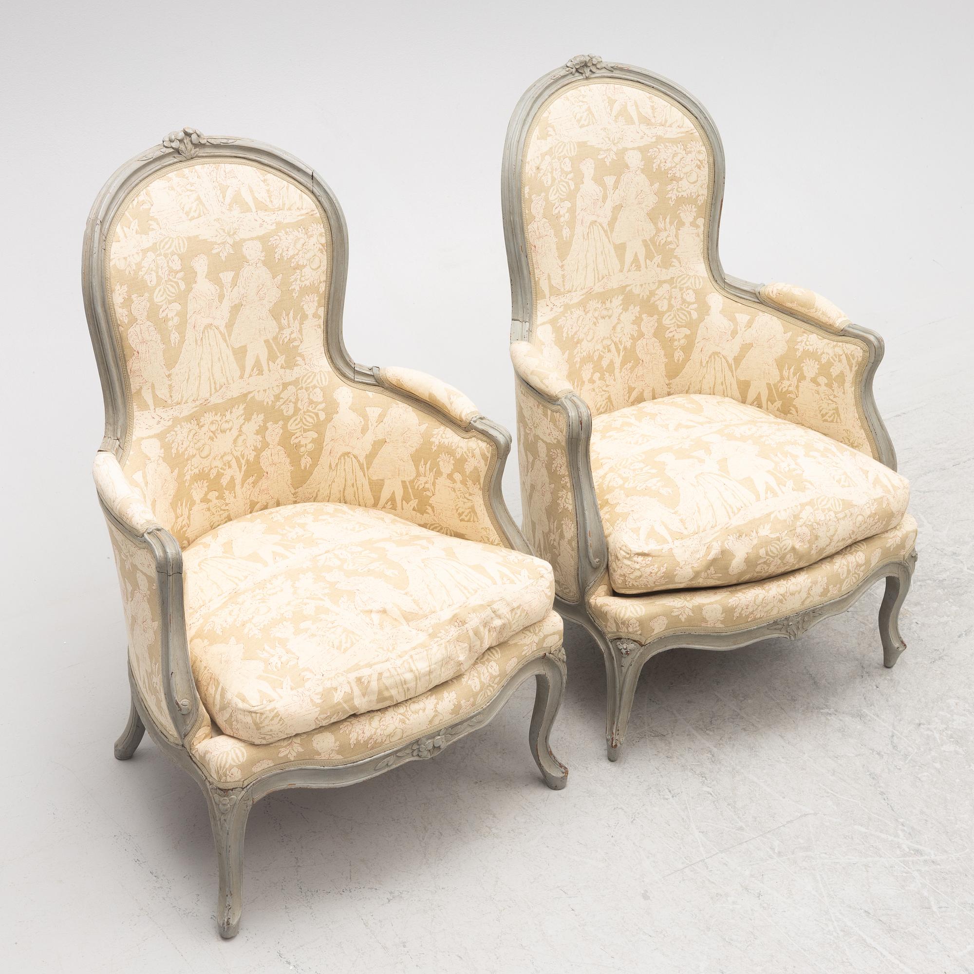 Bergeres, a pair of similar, Louis XV, signed J.C. Briois (active in Paris 1766-1782).