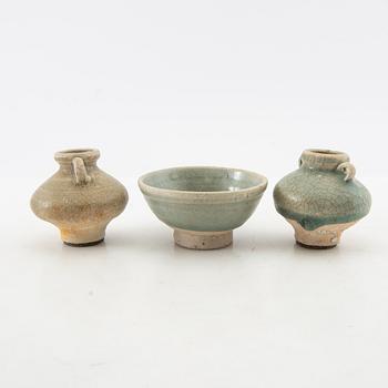 A group of three celadon glazed vessels, Sawankhalok, Thailand, 15th/16th century.