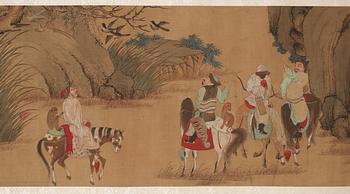 A fine handscroll of hunting scenes and with calligraphy, Qing dynasty.