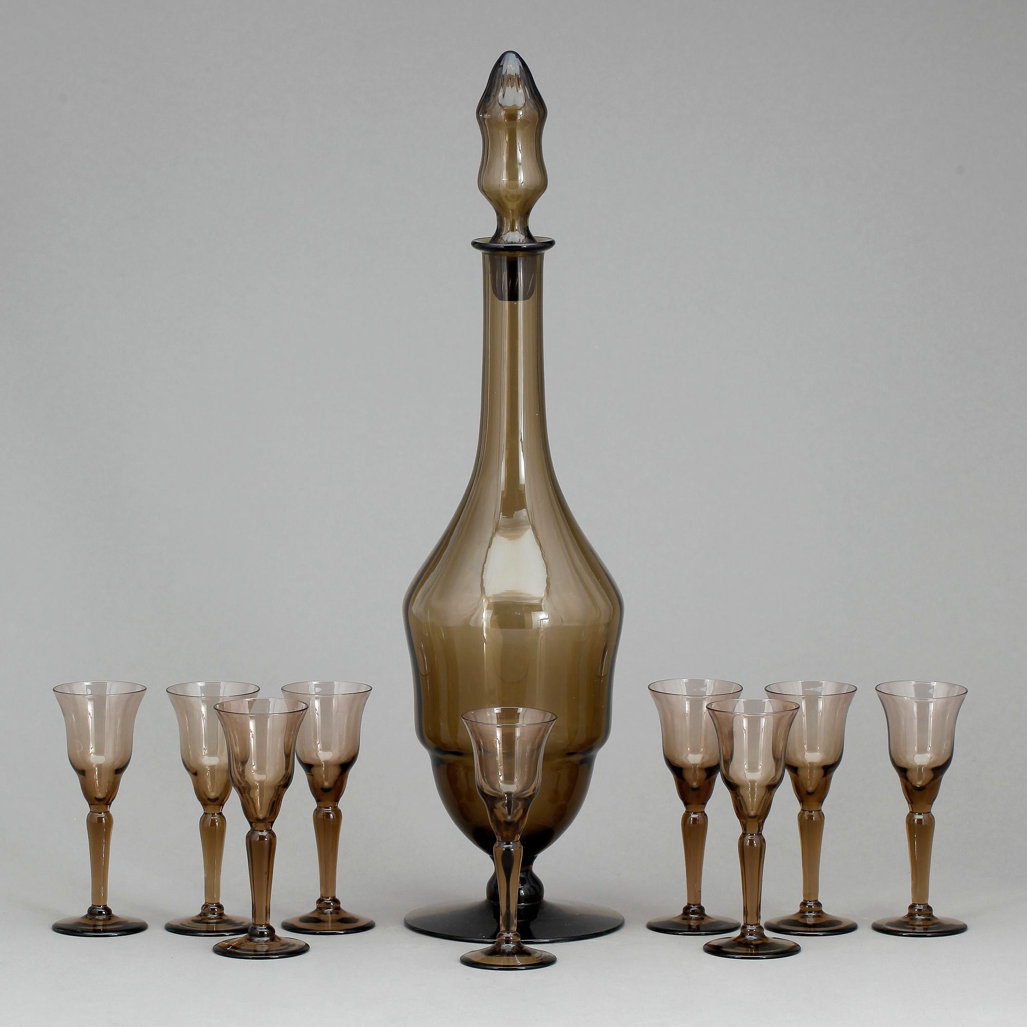 KARAFF samt GLAS, 11 delar, sodaglas, troligen Simon Gate för Sandviks glasbruk, Orrefors, 1920-tal.