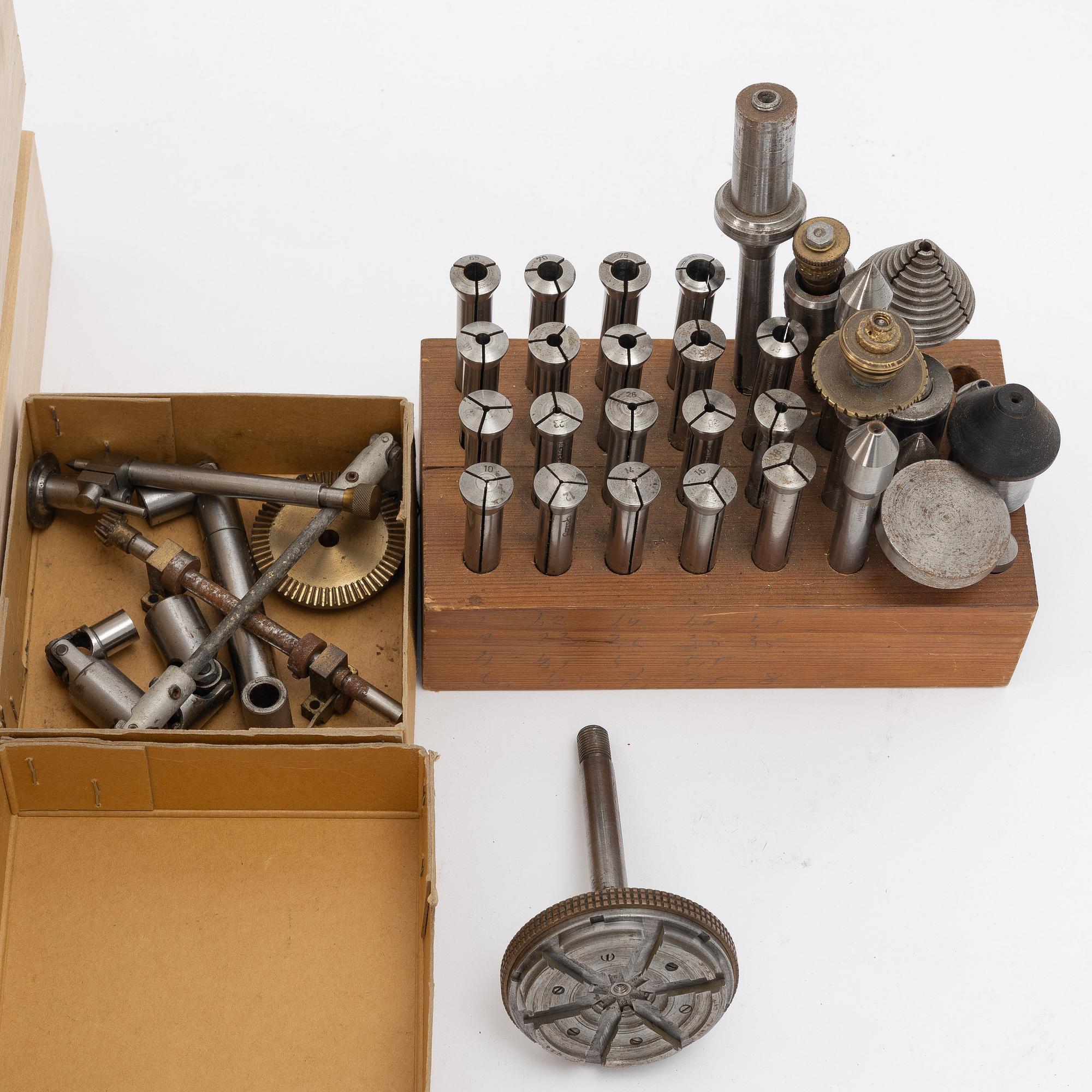 Watchmaking tools and spare parts, including a lathe by Lorch.