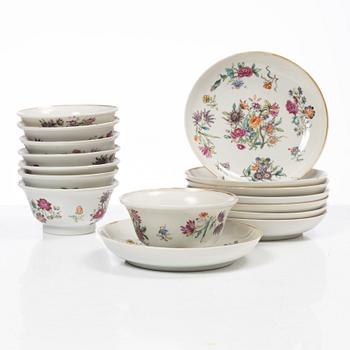Eight porcelain Famille Rose cups with saucers, China, Qianlong (1736-95).