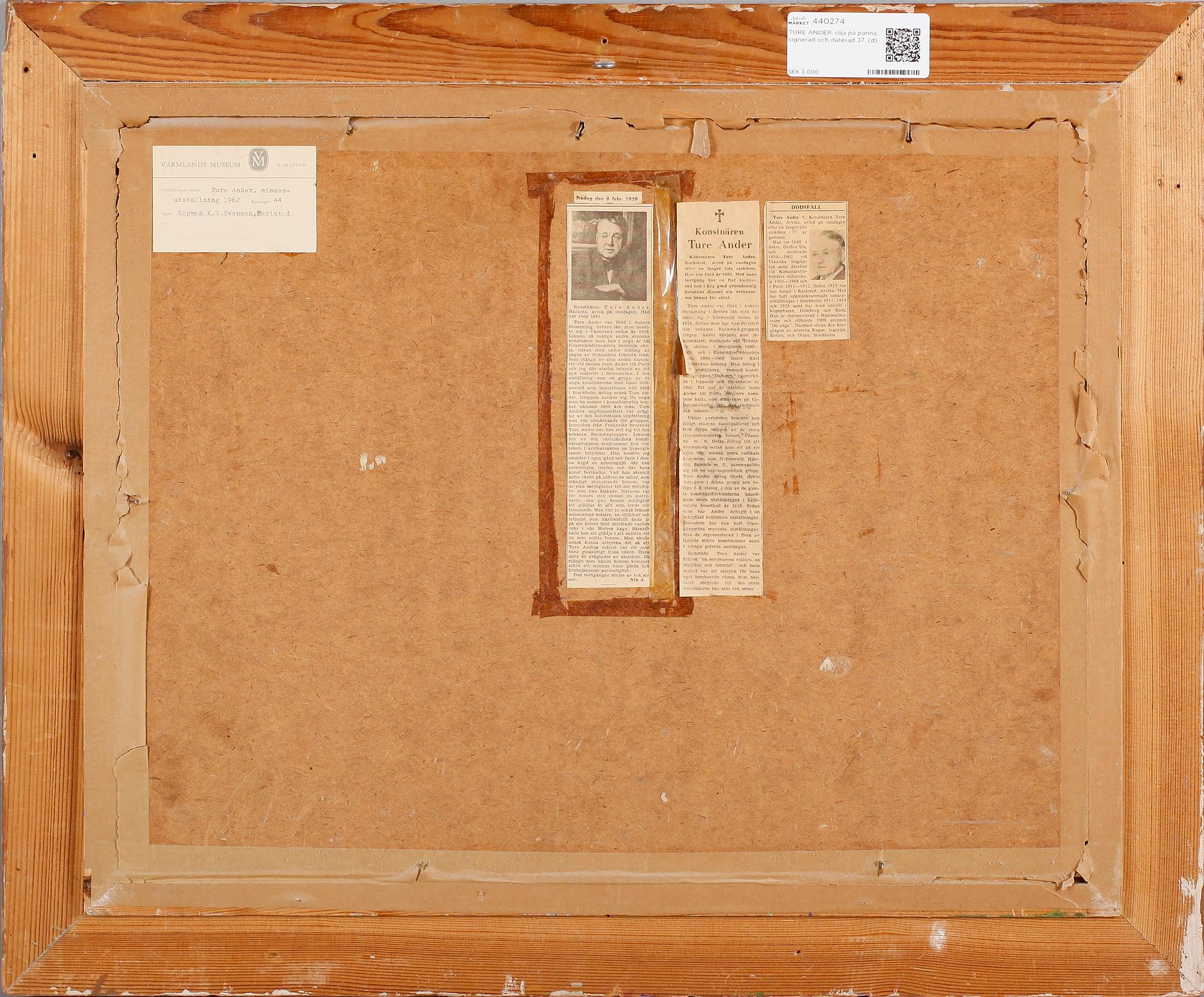 TURE ANDER, olja på pannå, signerad och daterad 37.