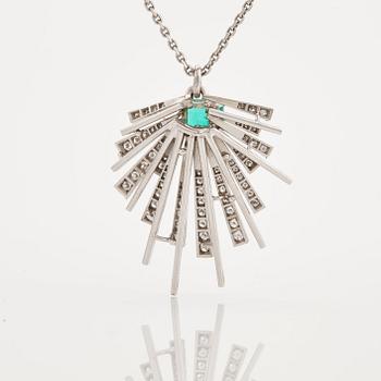 A emerald cut emerald, brilliant- and single cut diamond pendant.