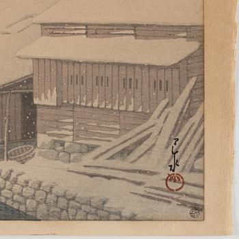 Kawase Bunjiro Hasui, Evening Snow at Ishinomaki (Ishinomaki no bosetsu).