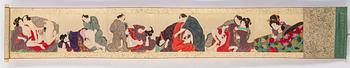 747. A makimono shunga scroll, ink and color on silk, Meiji (1868-1912).