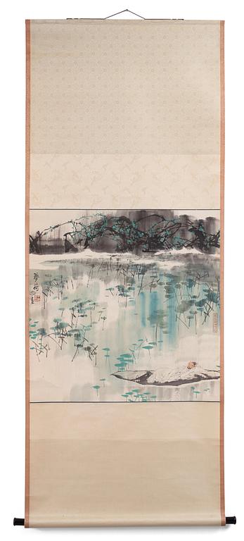 A hanging scroll, by Wang Mingming (1952-), 'Lotus', signed.