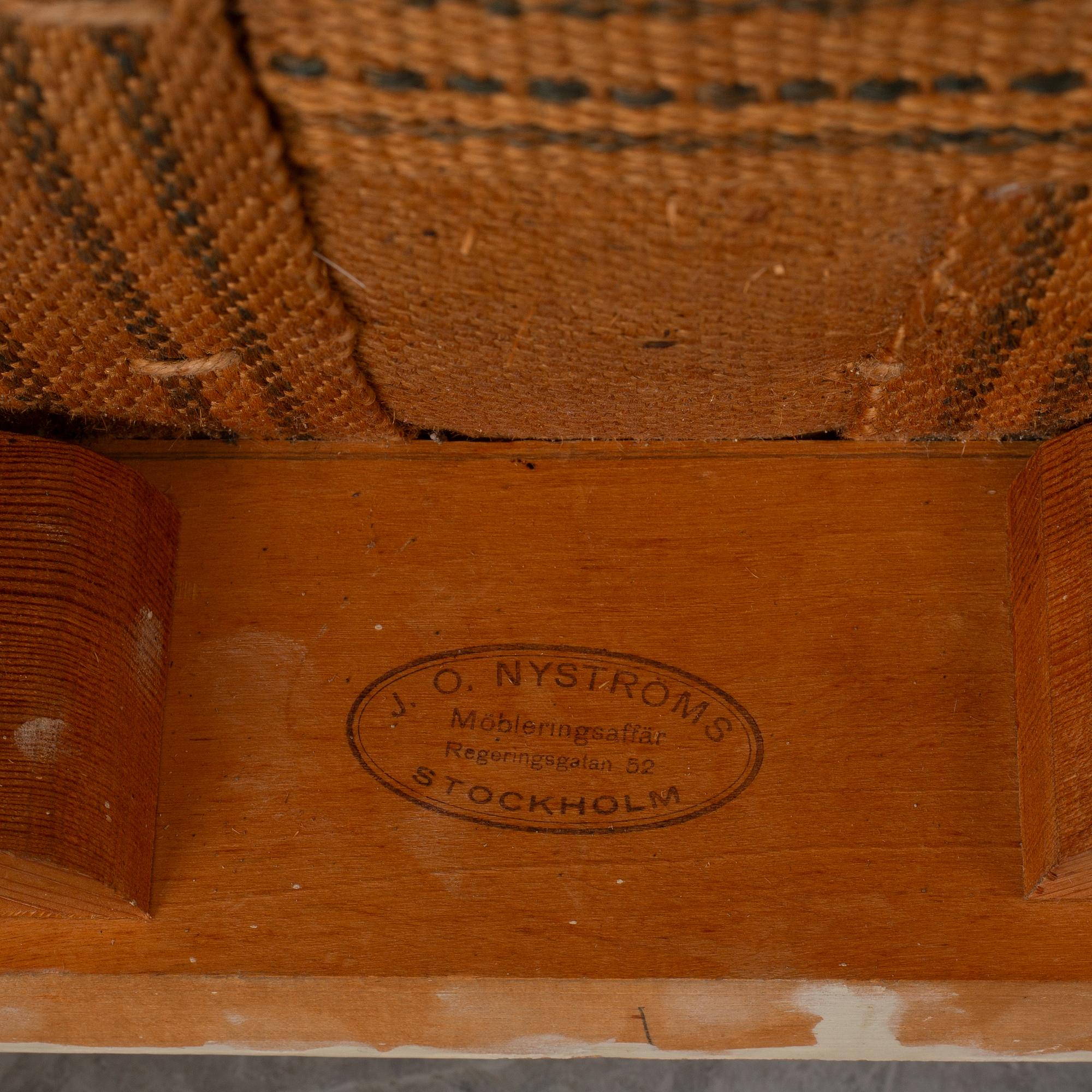 A pair  chairs and a stool, late-gustaivan style, J.O. Nyström Möbleringsaffär, Sweden, 20th century.