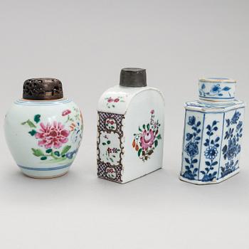 Two Chinese 18th-Century porcelain tea caddies and a jar and a 19th-Century snuff bottle.