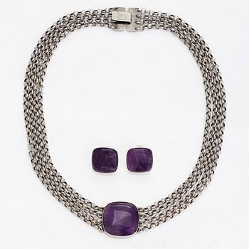 Börje Rajalin, A sterling silver and amethyst necklace and earrings by Kalevala Koru 1991.