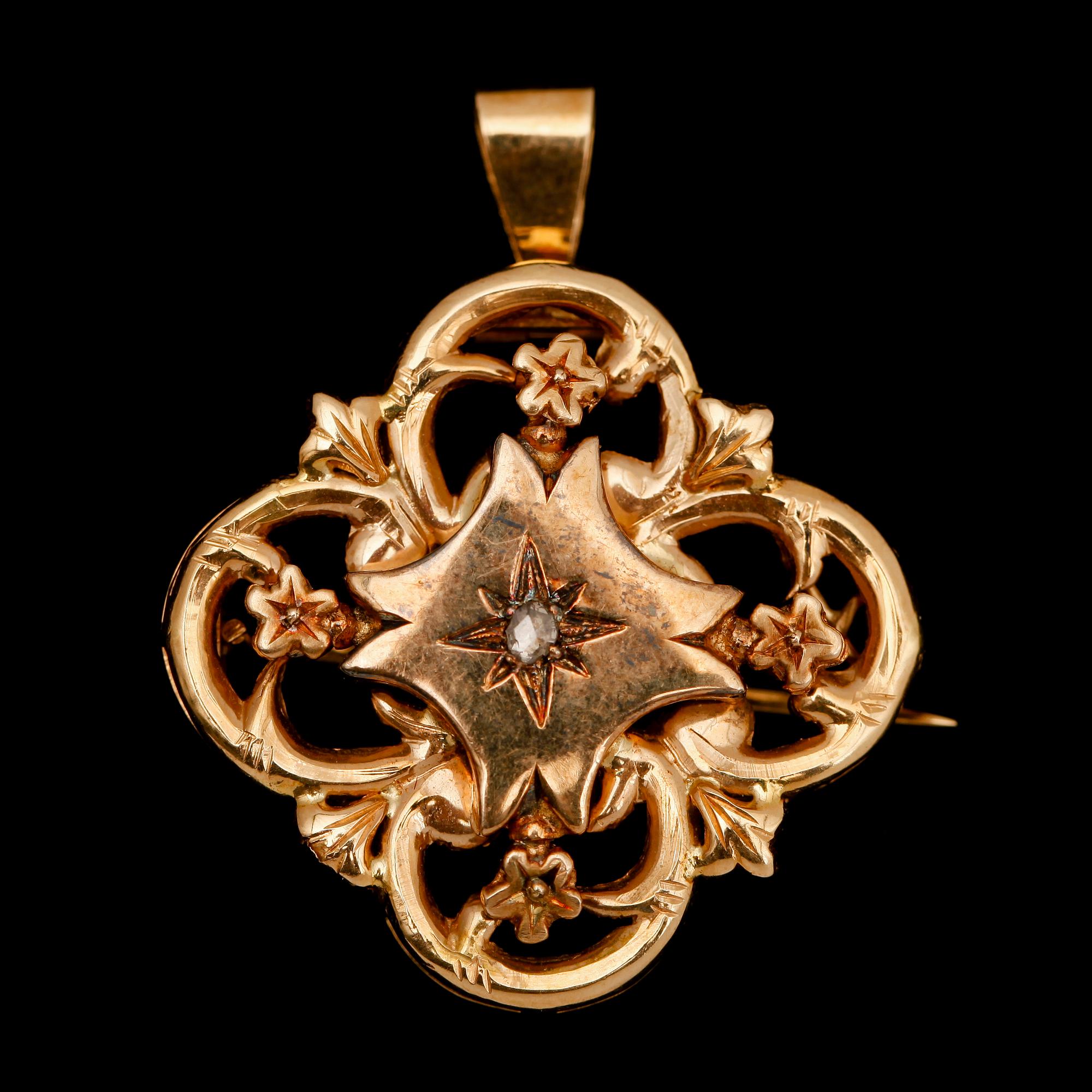 BROSCH, 18 k guld, svenska stämplar 1953, med rosenslipad diamant. Vikt ca 4 g.