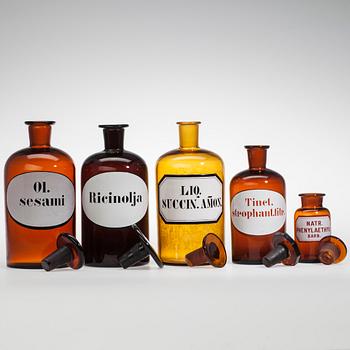 APOTEKSFLASKOR, 5 st, glas, 1900-talets början.