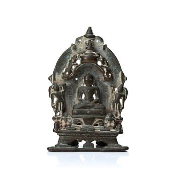 A Jain Shrine, India, copper alloy with silver inlay, 14/15th Century or older.